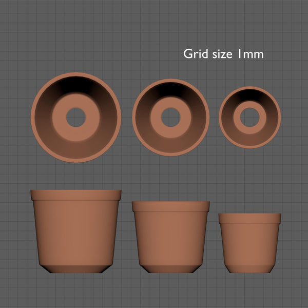 Set of 3 miniature flowerpots, 1/24th scale